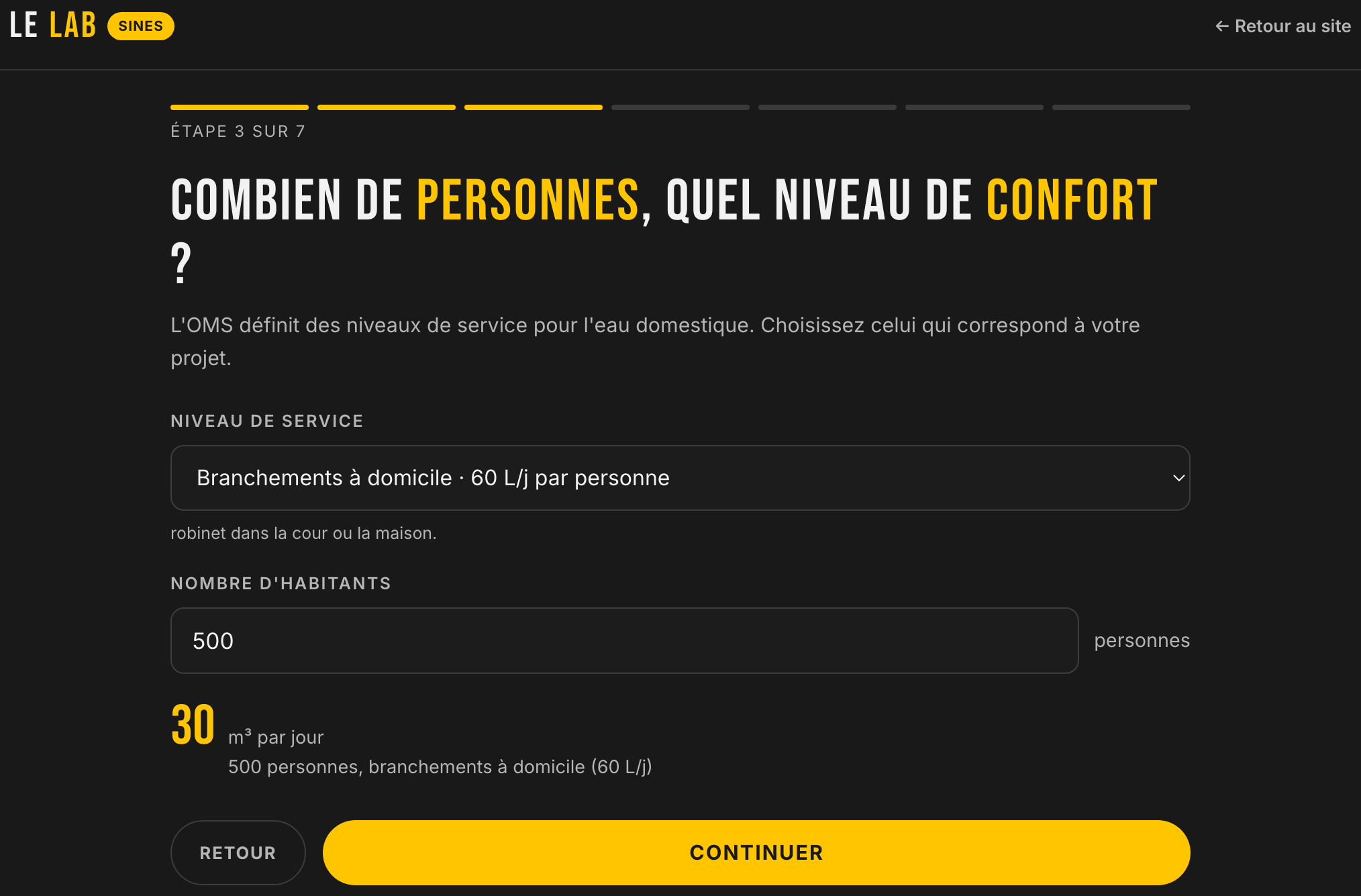 Étape 3 de l'application : précision du besoin en eau, niveau de service et nombre d'habitants, avec le volume quotidien en mètres cubes