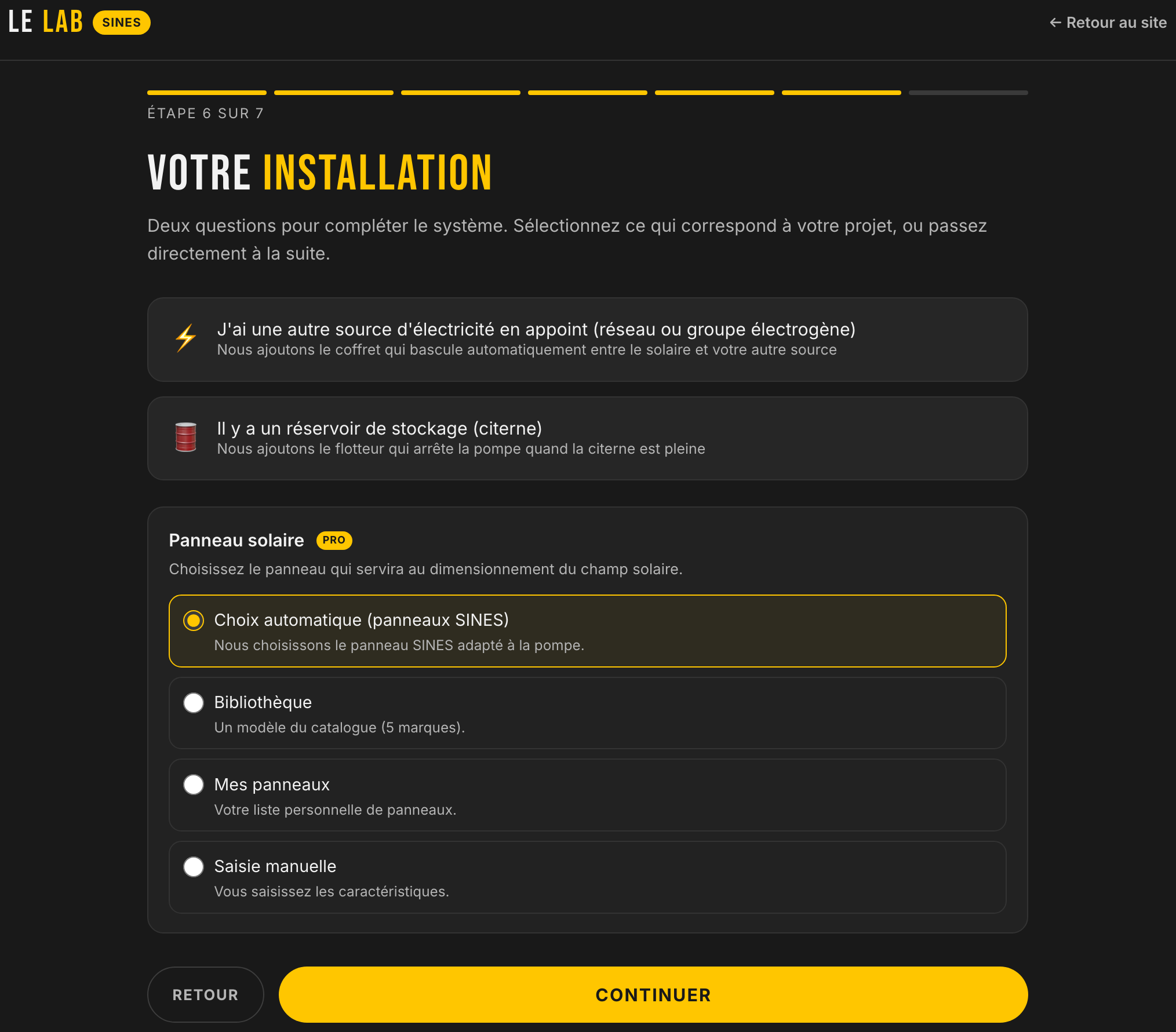 Étape 6 de l'application : options d'installation (appoint électrique, citerne) et choix du panneau solaire, une fonction pro à quatre modes