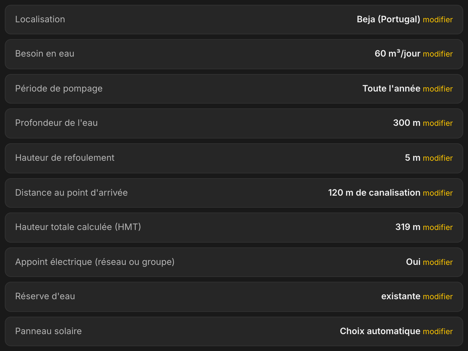 Récapitulatif de l'étude dans LE LAB : Beja au Portugal, 60 m³ par jour, profondeur 300 m, refoulement 5 m, 120 m de canalisation, hauteur manométrique totale 319 m, appoint électrique oui, citerne existante