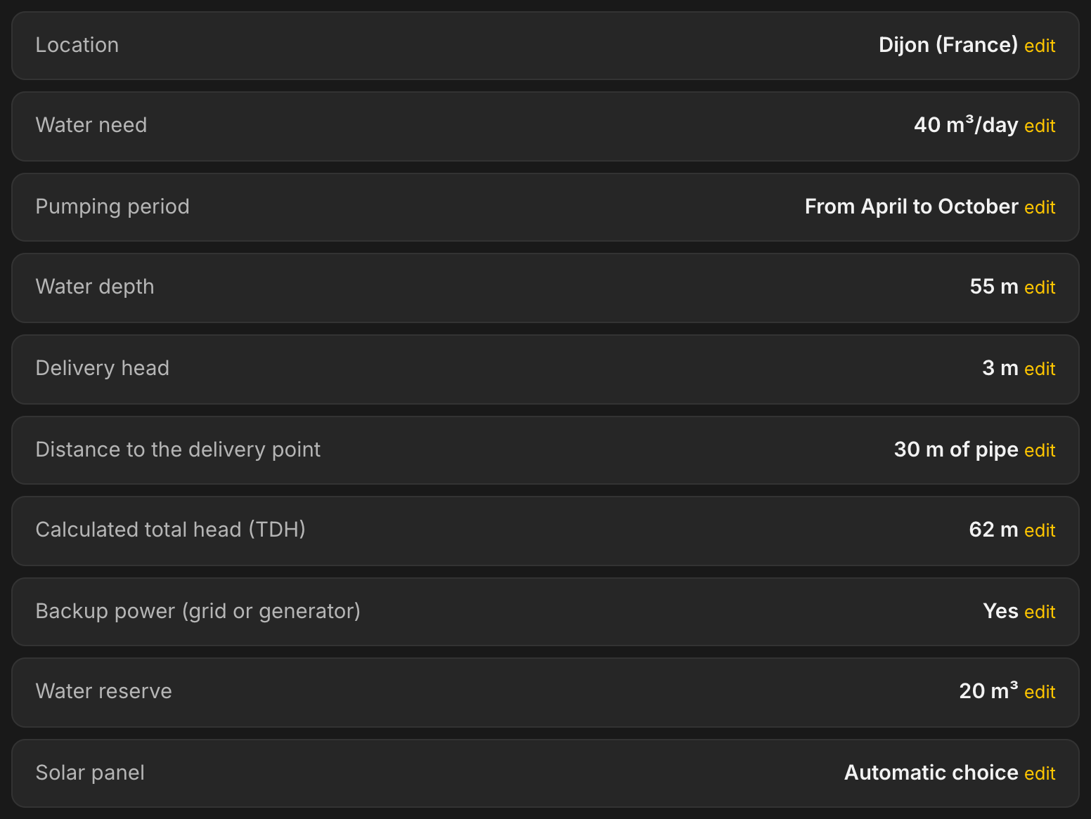 Overzicht van de studie in LE LAB: Dijon, 40 m³ per dag, pompperiode van april tot oktober, diepte 55 m, opvoer 3 m, 30 m leiding, berekende HMT 62 m, elektrische aanvulling ja, watervoorraad 20 m³