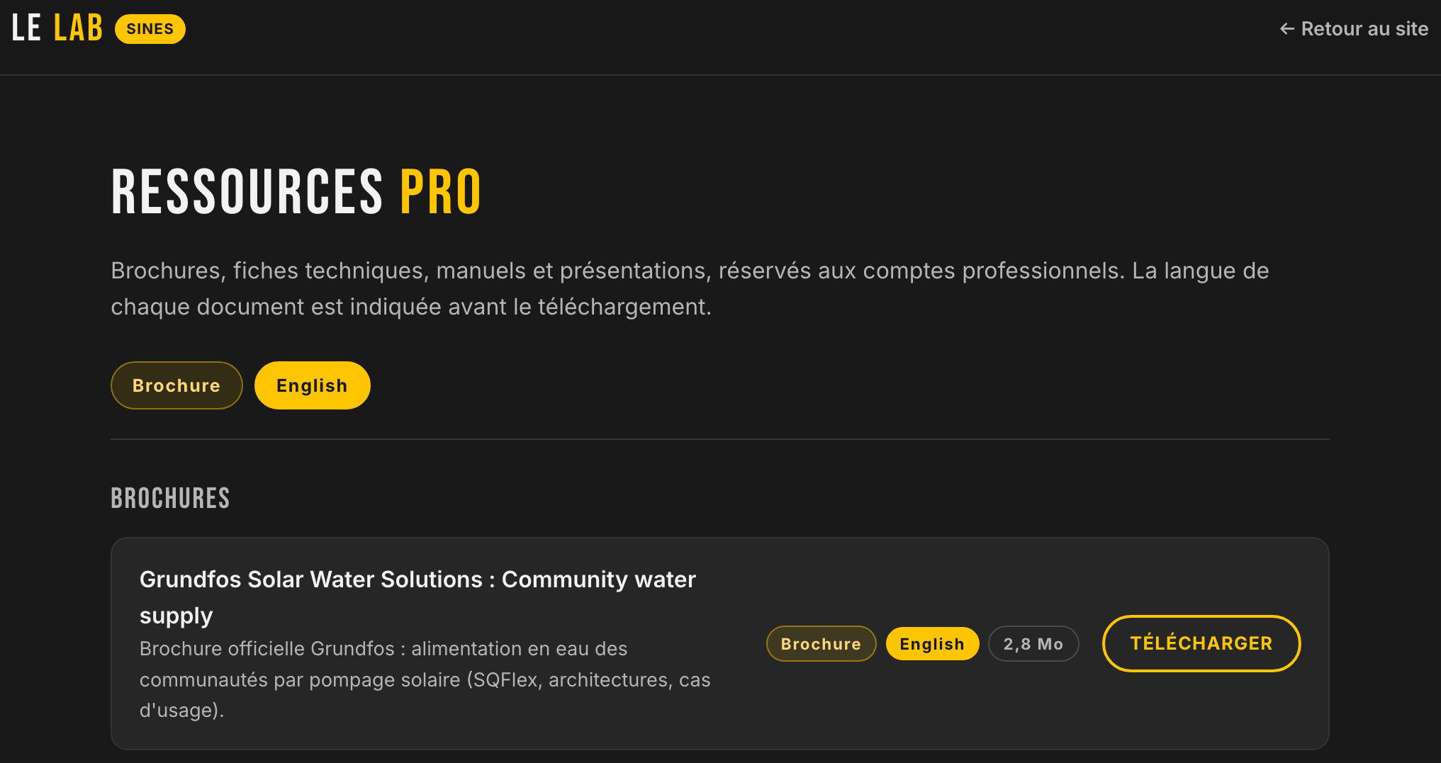 Pro feature: resource library reserved for pro accounts, with an official Grundfos brochure, its language and its size